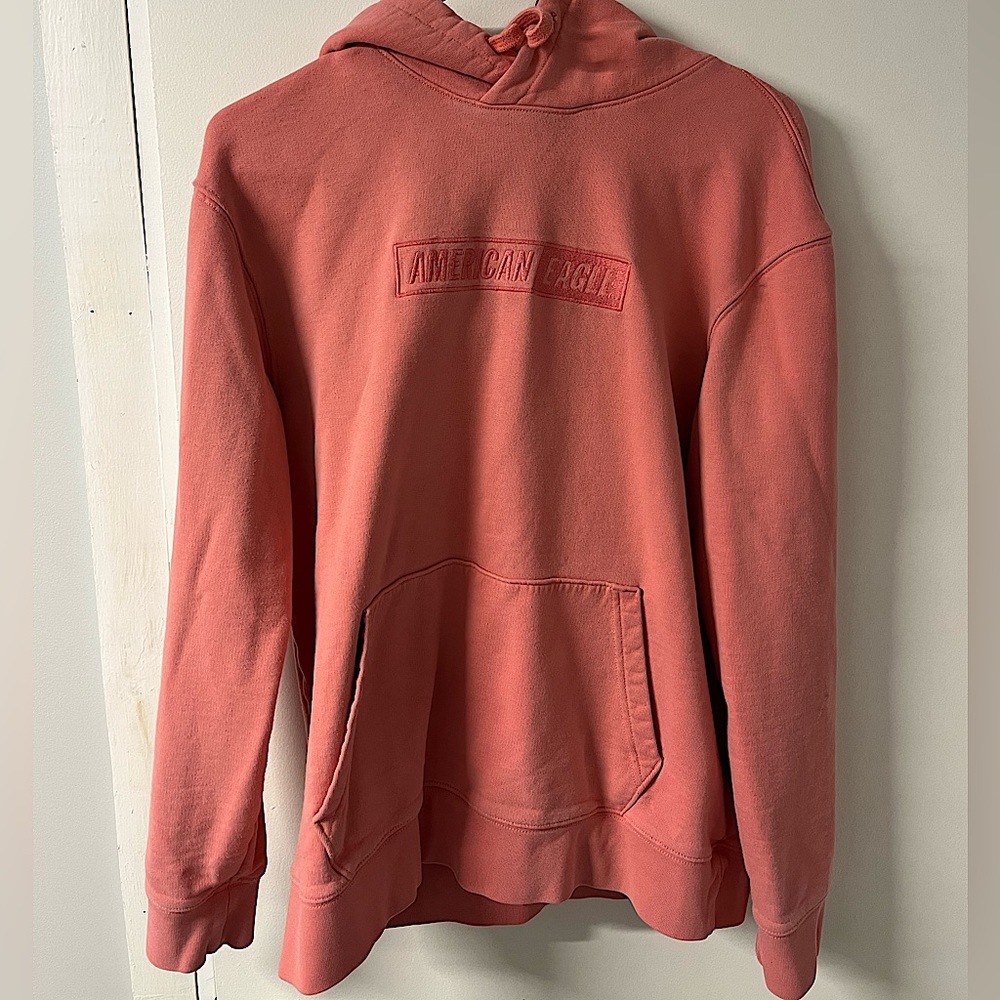 American Eagle Box Logo, Embroidered, Pink Hooded Sweatshirt: Size Medium